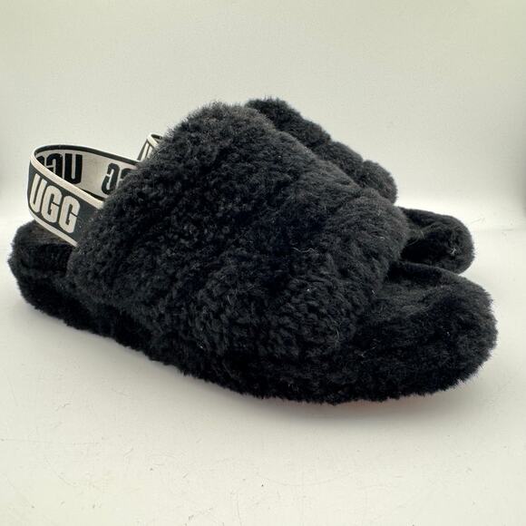 UGG Fluff Yeah Slide Black Sheepskin Slippers Women’s 9 Fuzzy Platform Sandals - Picture 2 of 10